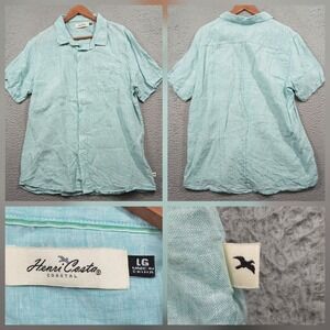 Henri Costa Coastal Linen Shirt Mens Large Teal Blue Short Sleeve Button Down